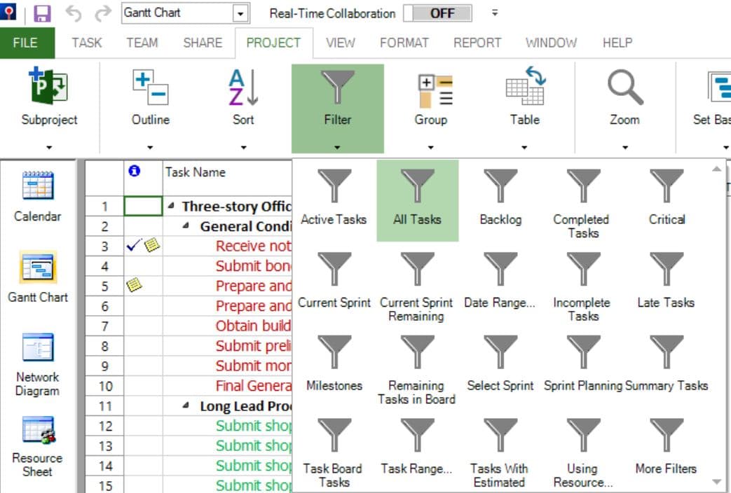 Assignments Filters Project Plan 365