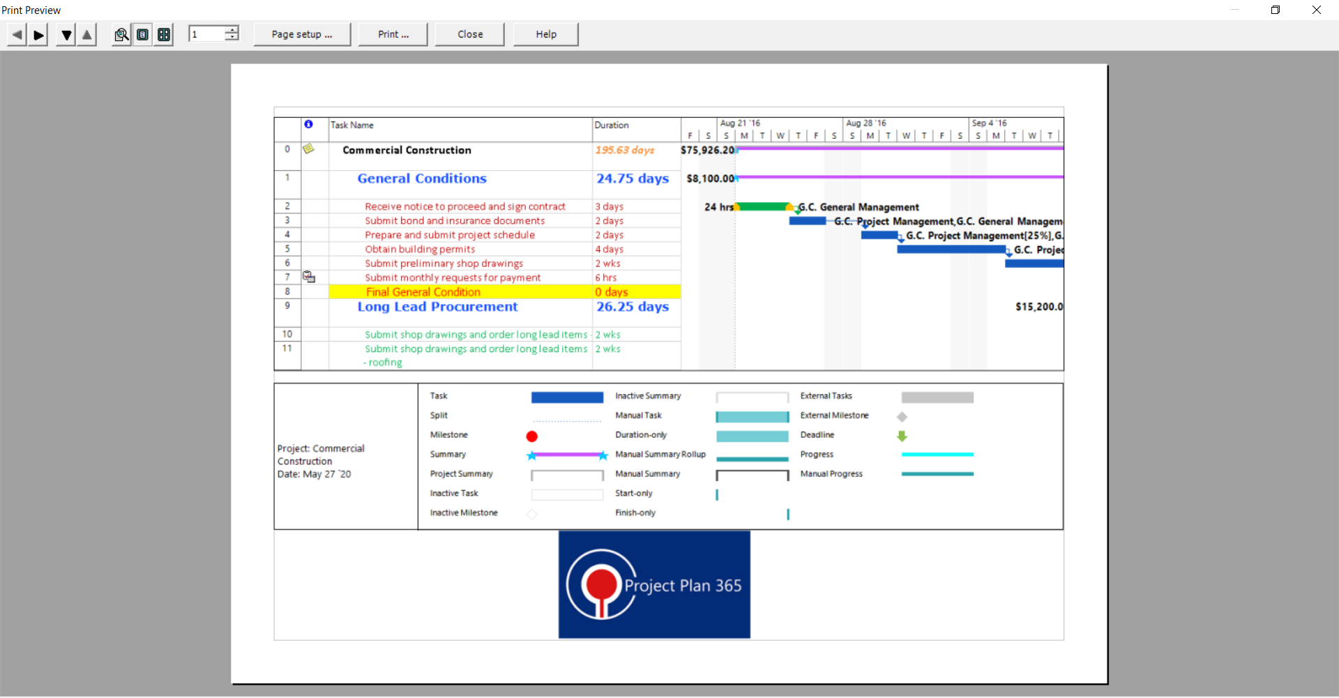 print microsoft project on one page