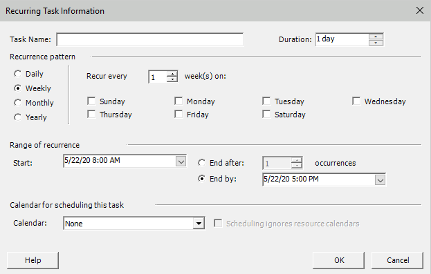 Insert Recurring Task – Project Plan 365