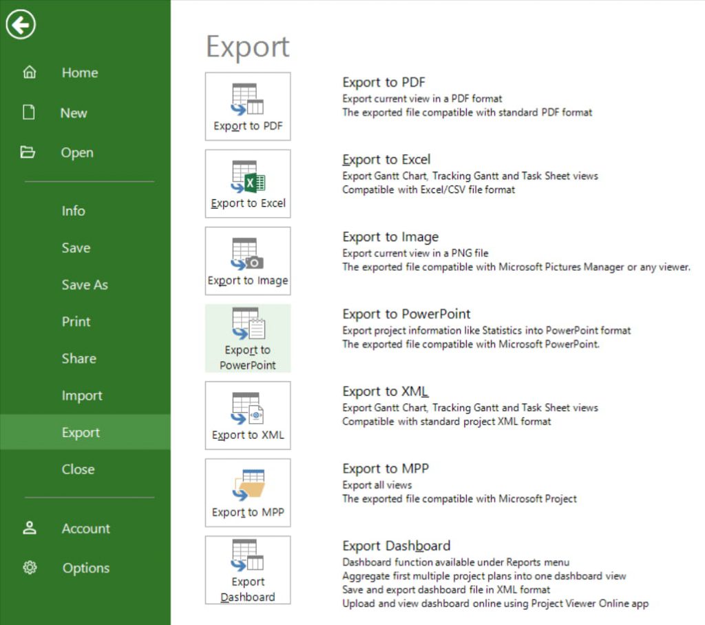 Export to PowerPoint Project Plan 365