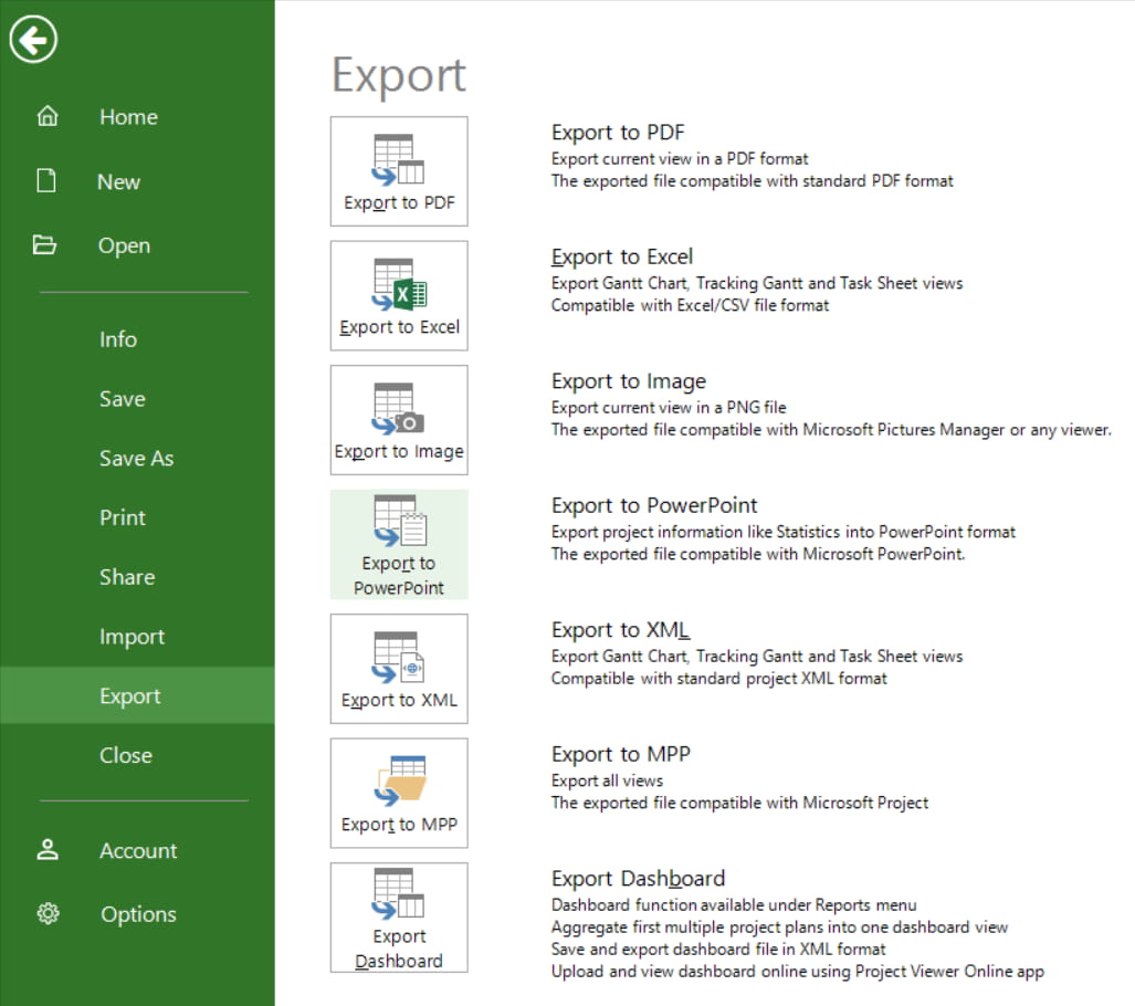 export reports as powerpoint presentations or pdf documents