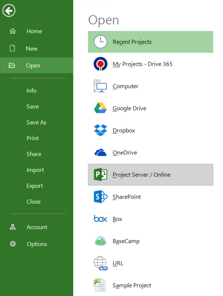 Open from Project Online Project Plan 365