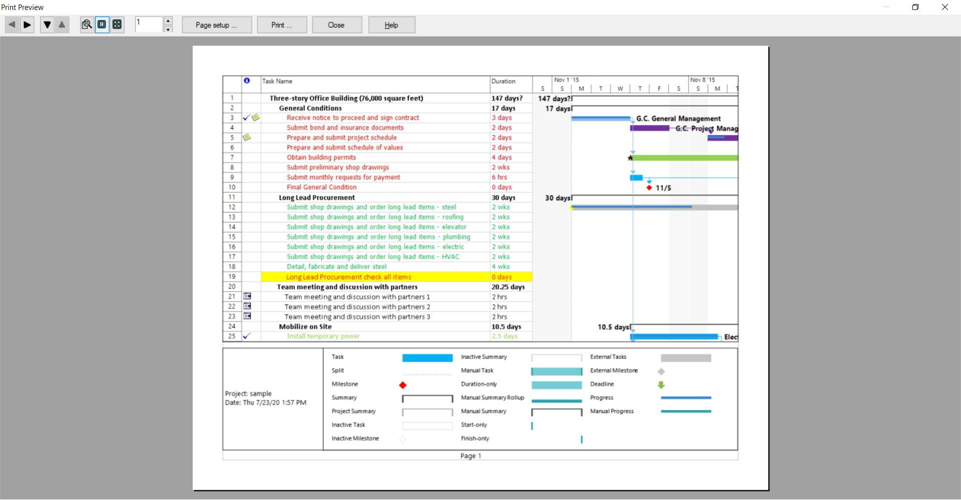 Print preview project plan 365
