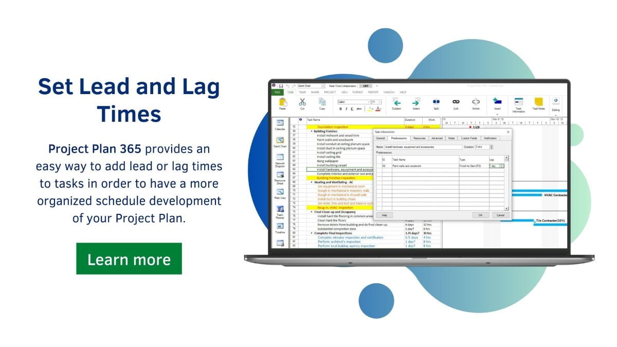 Set Lead and Lag Times Project Plan 365