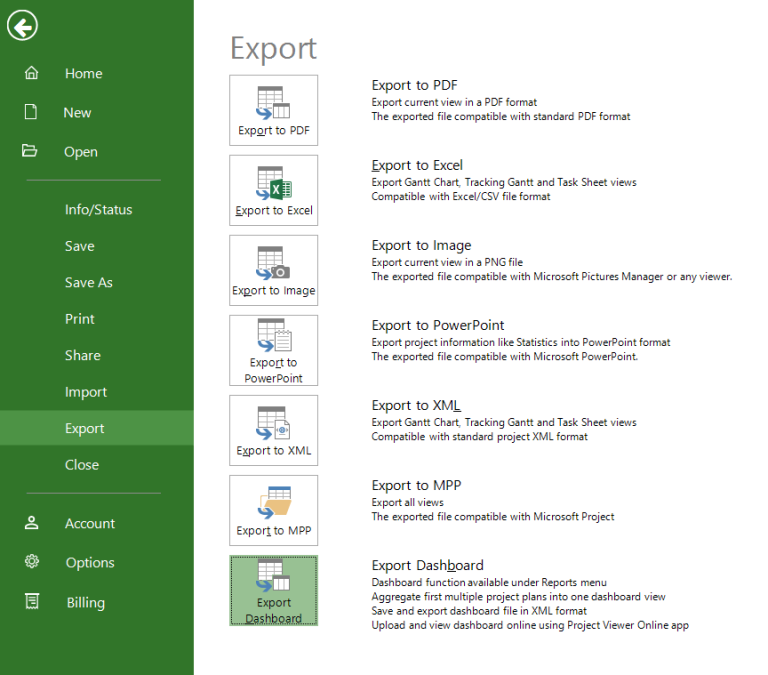 Export to Dashboard - Project Plan 365