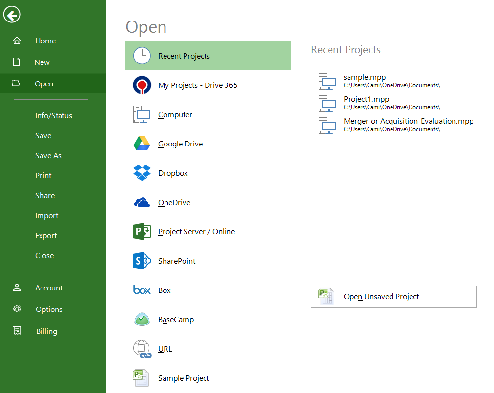 Open Recent Files Project Plan 365